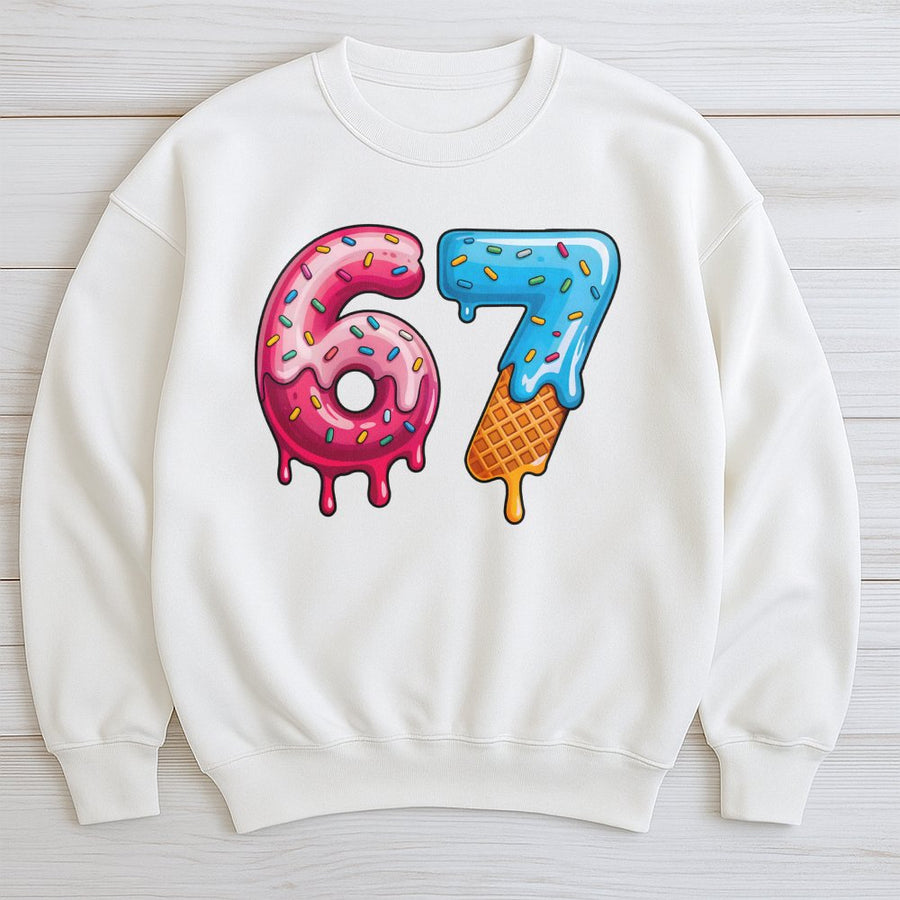 Number 67 Birthday Sweatshirt | Melting Donut and Waffle Cone Graphic | Premium Cotton Blend | Funny Milestone 67th Birthday Gift Idea