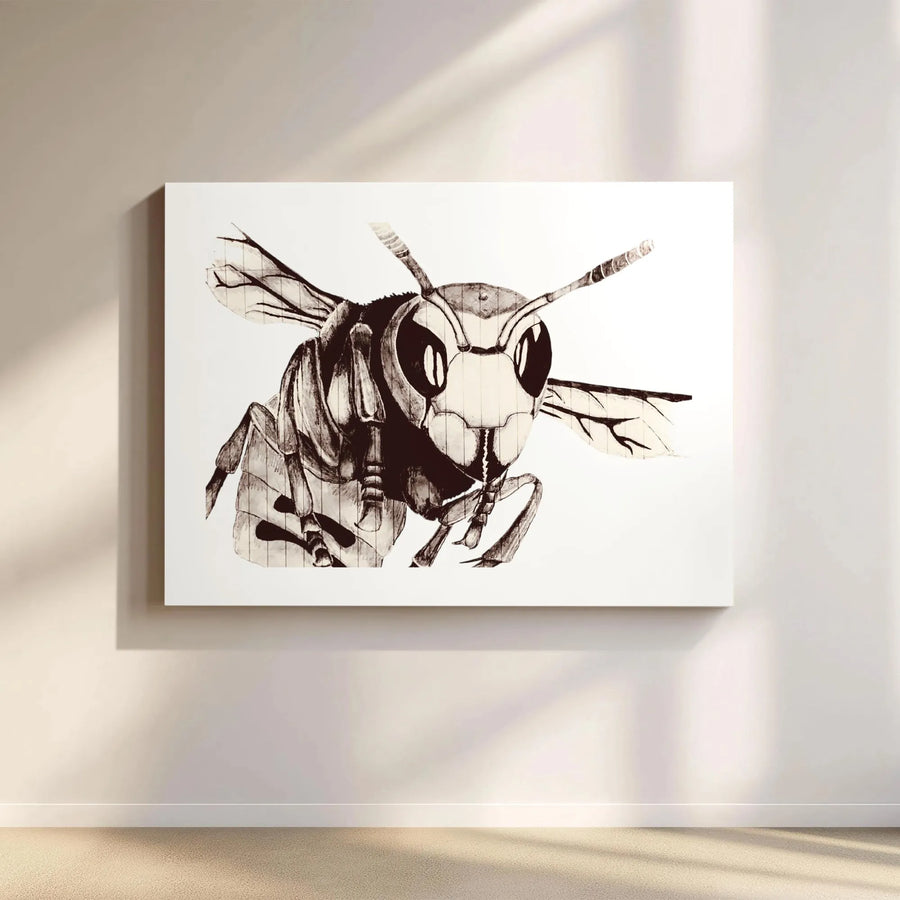 Mechanical Wasp Wall Art | Monochrome Insect Sketch Print | Premium Gallery Wrapped Canvas | Industrial Home Decor Gift for Entomologists