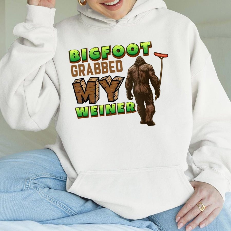 Bigfoot Grabbed My Weiner Hoodie | Funny Sasquatch BBQ Camping Graphic | Cotton Blend Premium Pullover | Gag Gift For Outdoorsy Men And Women
