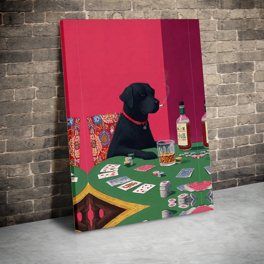 Black Labrador Playing Poker Canvas Art | Funny Smoking Dog with Whiskey Print | Premium Gallery Wrapped Canvas | Gift for Him, Bar & Man Cave Decor