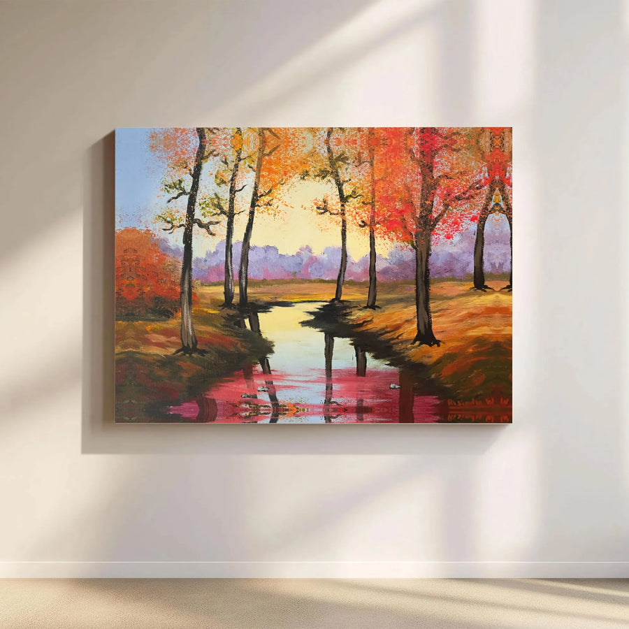 Autumn Forest Canvas Wall Art | Vibrant Fall Foliage River Reflection | Premium Gallery Wrapped Decor | Nature Lover Gift for Home Office