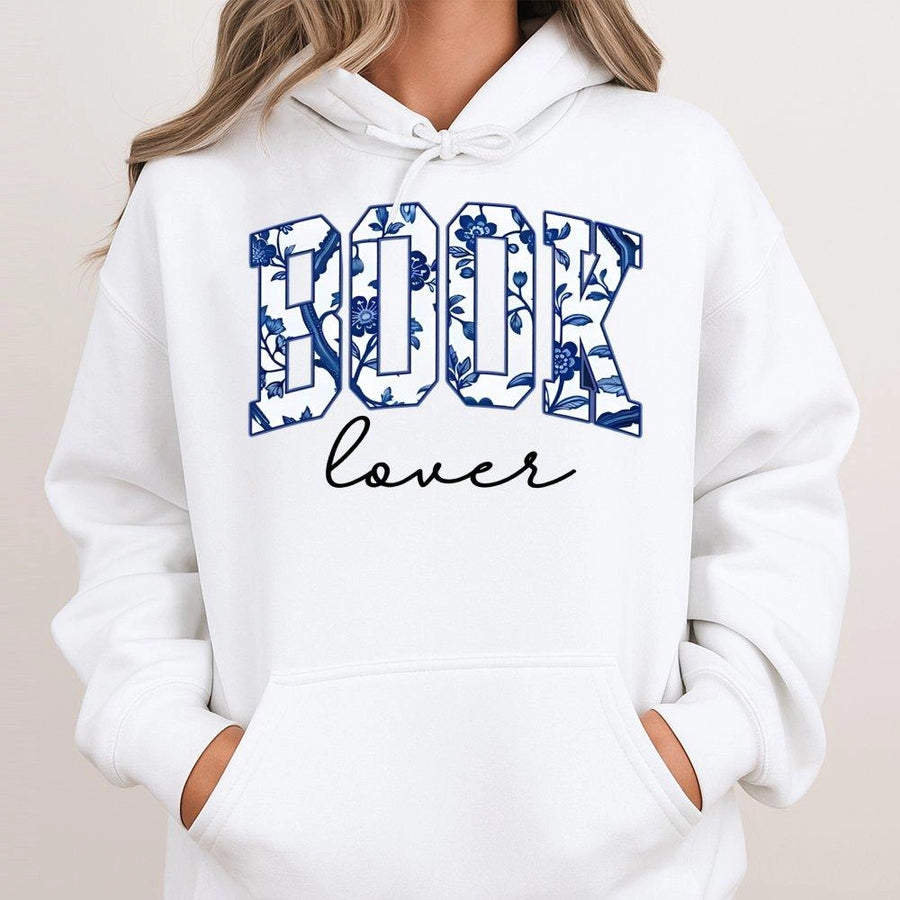 Book Lover Hoodie | Floral Blue Porcelain Aesthetic Design | Soft Cotton-Polyester Blend | Reading Gift for Librarian Teacher and Reader