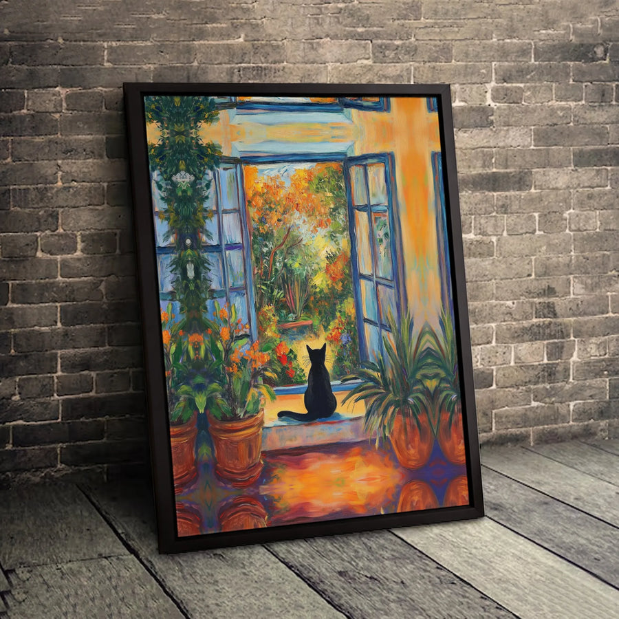 Black Cat Wall Art | Impressionist Garden Windowsill Painting | Gallery-Quality 1.25" Canvas | Premium Cat Lover Gift