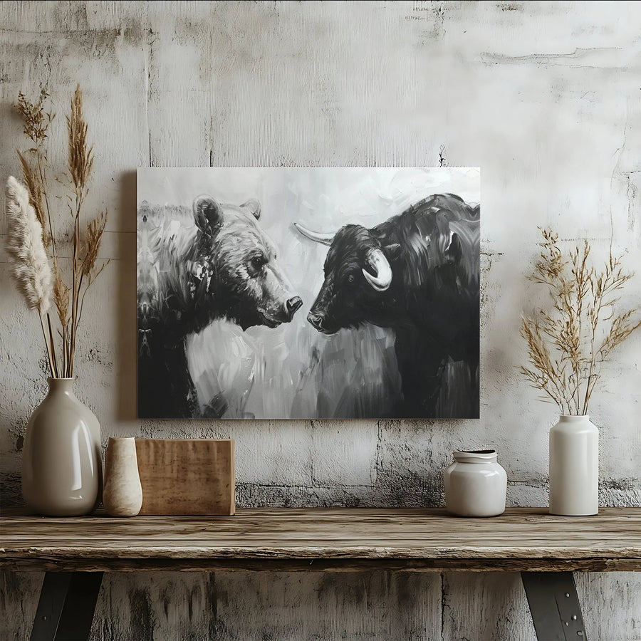 Bull vs Bear Canvas Wall Art | Black and White Financial Stock Market Oil Painting Style | 1.25 Inch Gallery Wrap | Office Decor Gift for Investors