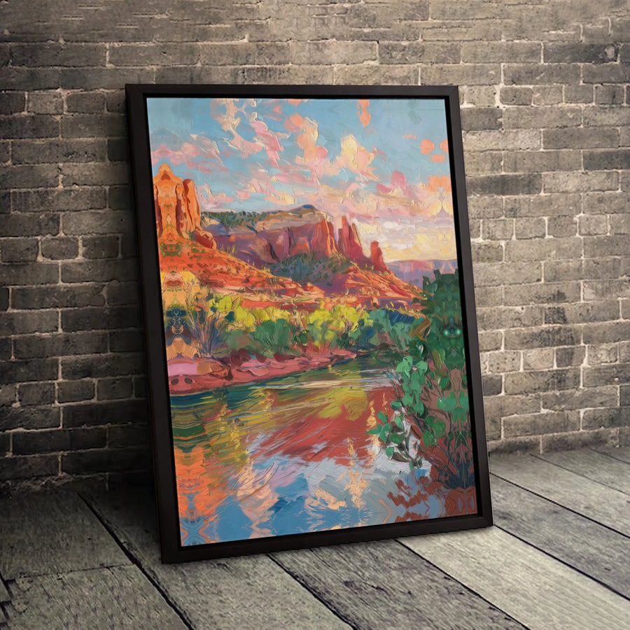 Sedona Red Rock Landscape Canvas | Impressionist Arizona River Wall Art | Gallery Quality Premium Print | Southwestern Home Decor Gift