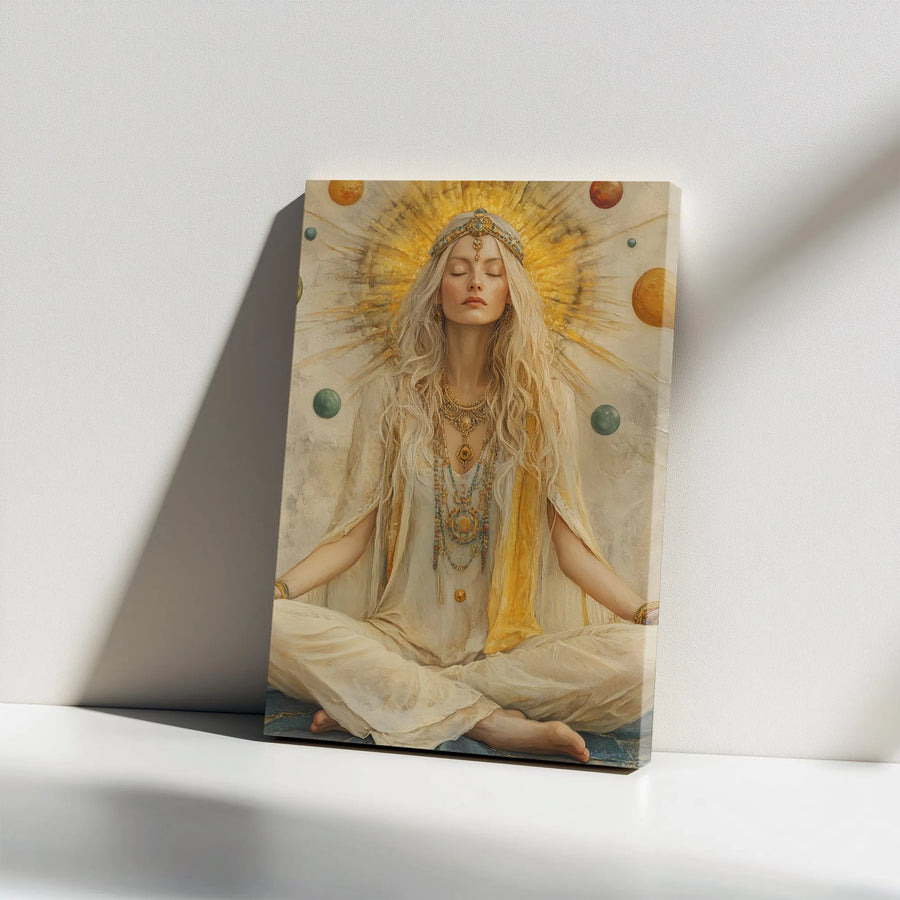 Spiritual Goddess Canvas Wall Art | Meditating Priestess Portrait with Golden Halo | Premium Frameless Print | Yoga Studio Decor Gift