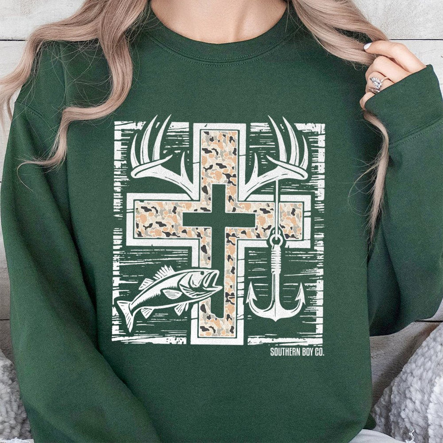 Hunting and Fishing Sweatshirt | Camo Cross Deer Antler Graphic | Premium Cotton Blend | Faith Based Outdoorsman Gift