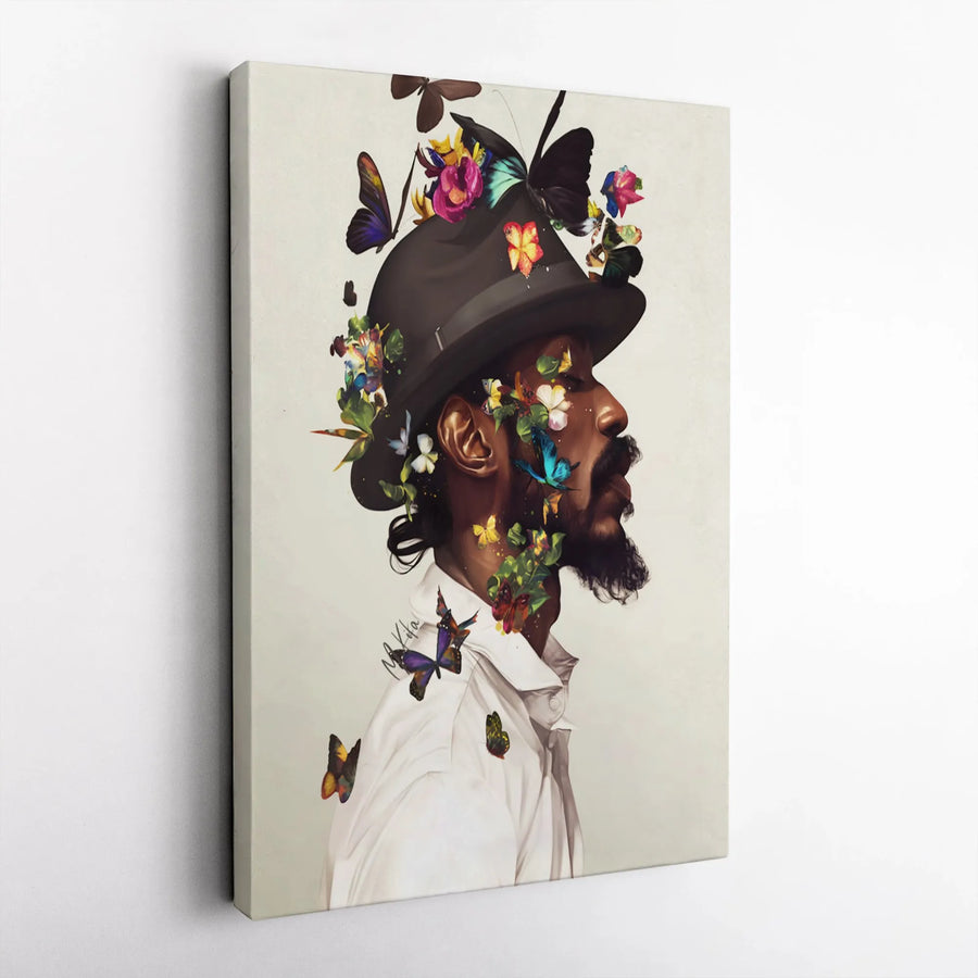 Black Man With Butterflies Canvas Print | Botanical Fedora Hat Portrait | Premium Gallery-Wrap Wall Art | Modern Home Office Decor Gift