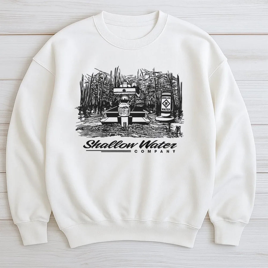 Shallow Water Sweatshirt | Swamp Boat Marsh Graphic | Premium Cotton Blend Crewneck | Outdoorsman Duck Hunting Gift For Men And Women