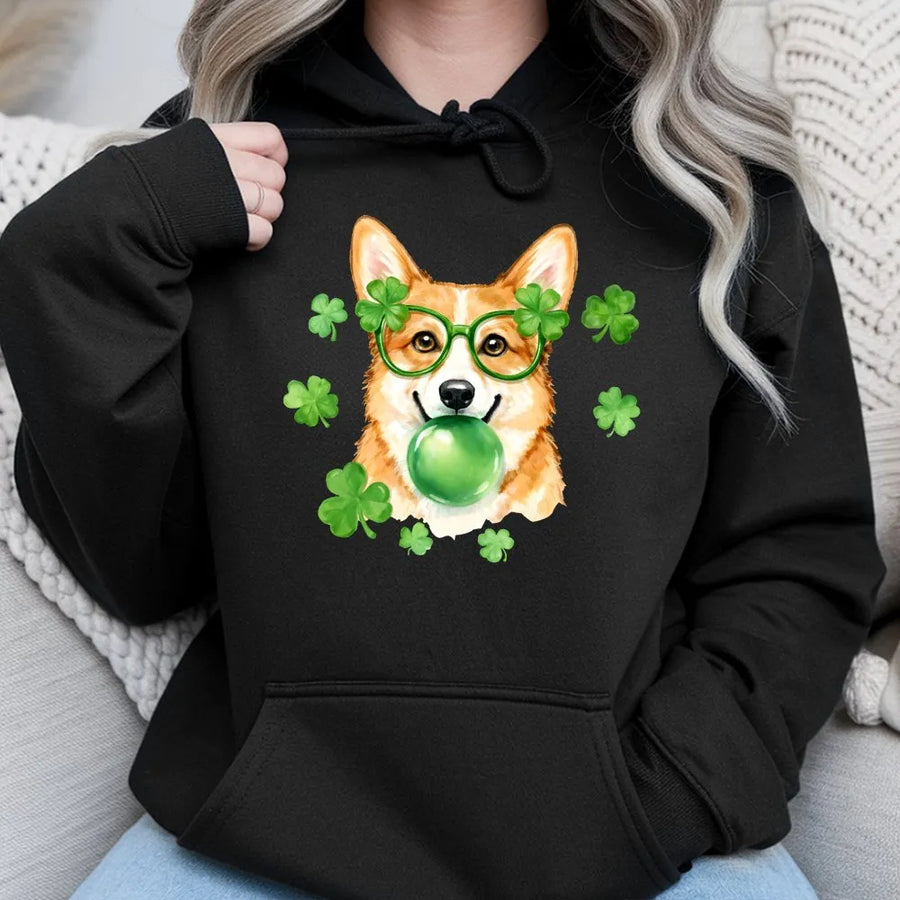 St Patrick's Day Corgi Hoodie | Lucky Clover Bubble Gum Dog Graphic | Soft Cotton Blend Unisex Pullover | Funny Irish Pet Lover Gift