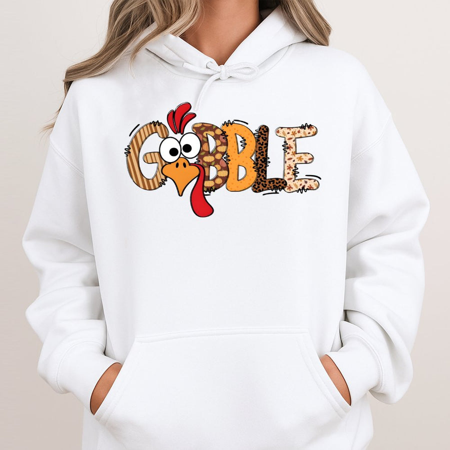 Gobble Thanksgiving Hoodie | Cute Turkey Leopard Print Graphic | Premium Cotton Blend | Funny Holiday Gift for Women and Families