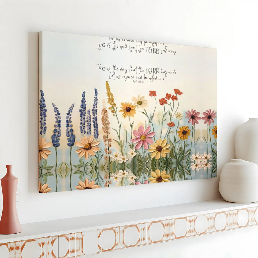 Bible Verse Canvas Wall Art | Textured Wildflower Psalm 118:24 Print | Premium Christian Decor | Inspirational Faith Gift for Home