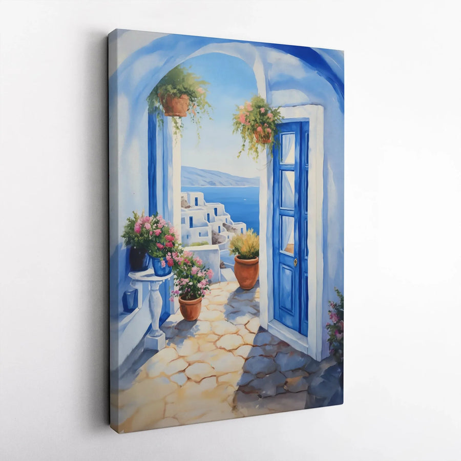 Santorini Wall Art Canvas | Watercolor Greek Island Seascape with Blue Door | Premium Gallery Wrap Print | Mediterranean Home Decor Gift