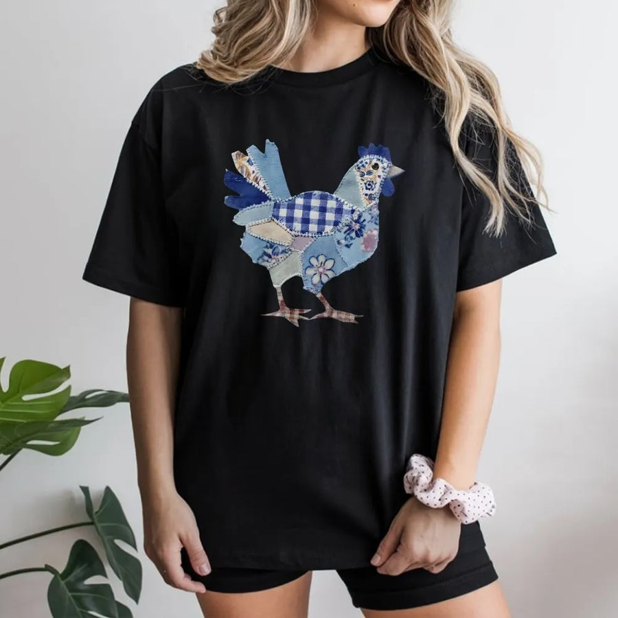 Patchwork Chicken T-Shirt | Vintage Farmhouse Graphic Print | Premium Cotton Blend | Cute Easter Gift for Chicken Lover