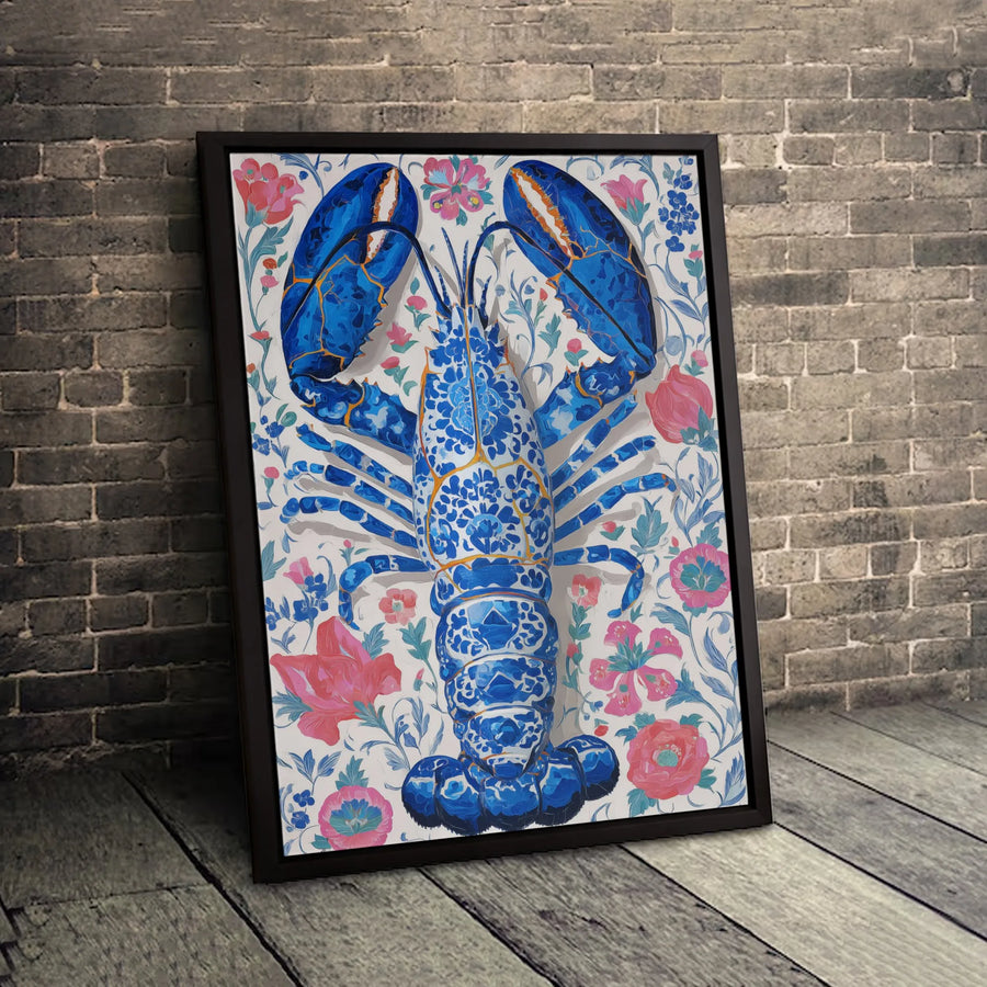 Blue Chinoiserie Lobster Canvas Wall Art | Floral Porcelain Style Print | Premium Gallery-Wrapped Decor | Coastal Kitchen Beach House Gift