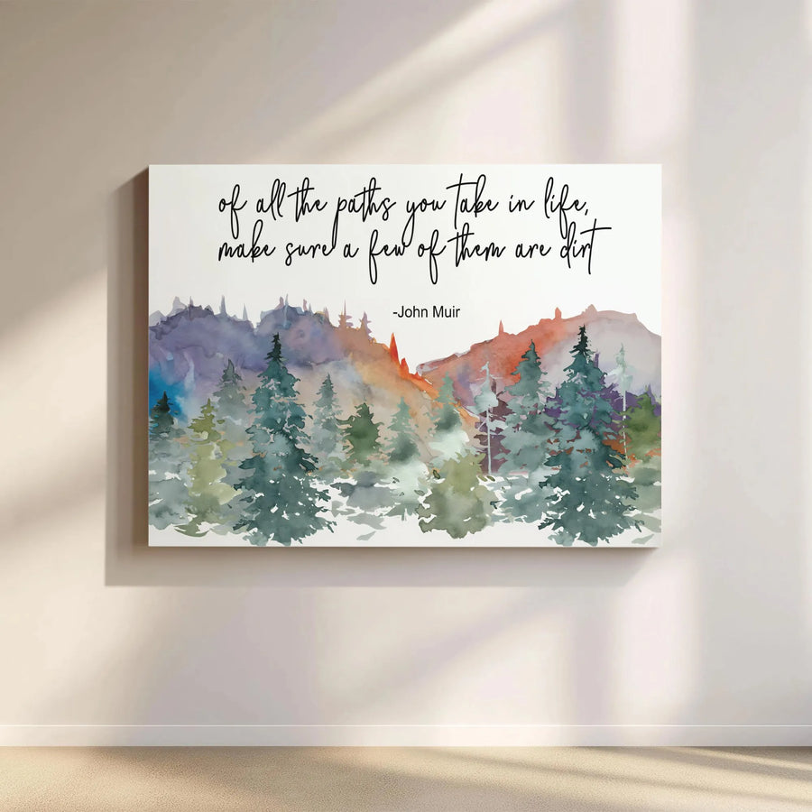 John Muir Quote Horizontal Canvas | Watercolor Forest Mountain Pine Trees Wall Art | Premium 1.25” Thick Frameless Gallery Wrap | Hiking Nature Lover Gift