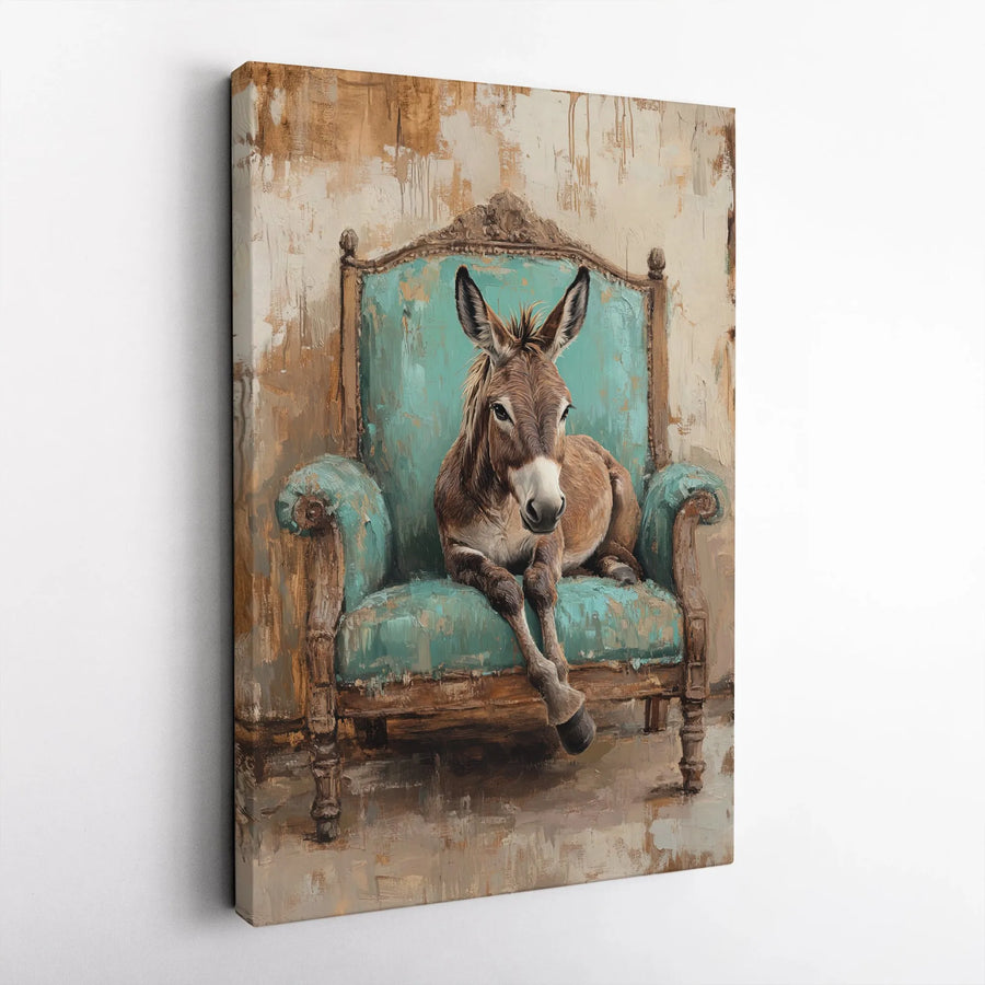 Donkey Sitting in Vintage Armchair Wall Art | Whimsical Farm Animal Portrait | Premium Gallery-Wrapped Canvas | Unique Home Decor Gift for Animal Lovers