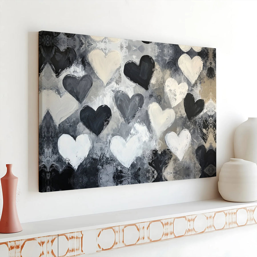 Abstract Heart Wall Art | Black And White Painted Hearts Canvas | Premium Gallery Wrapped Decor | Modern Minimalist Living Room Gift
