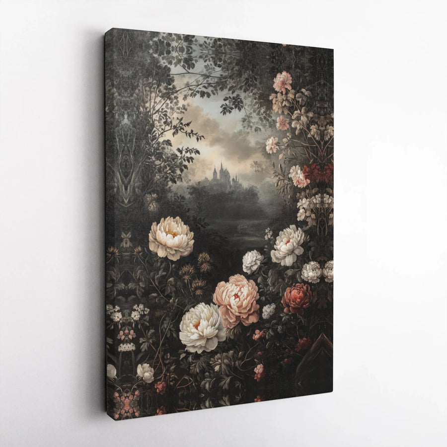 Dark Moody Floral Wall Art | Gothic Castle Botanical Landscape Print | Gallery Quality 1.25" Canvas | Romantic Home Decor Gift