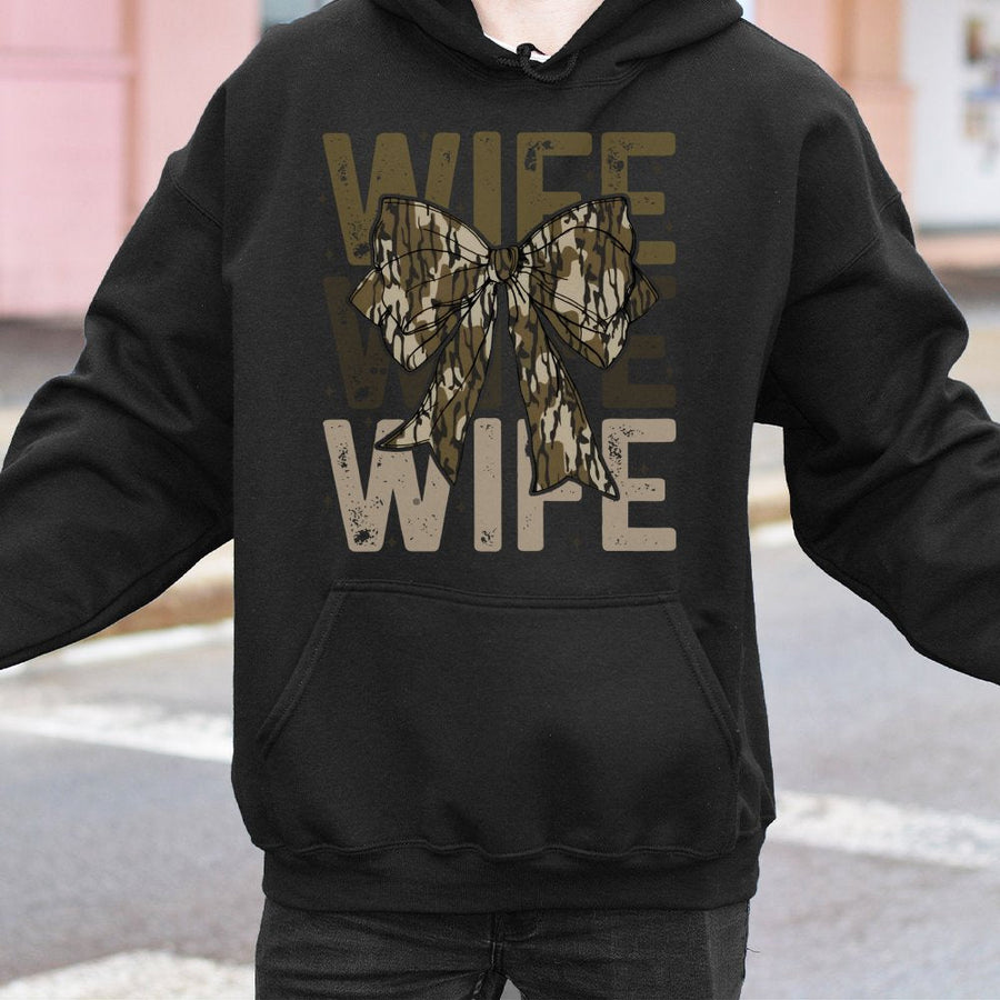 Wife Camo Bow Hoodie | Rustic Country Style Graphic Sweatshirt | Premium Cotton Blend | Gift for Her Hunting Wife Aesthetic