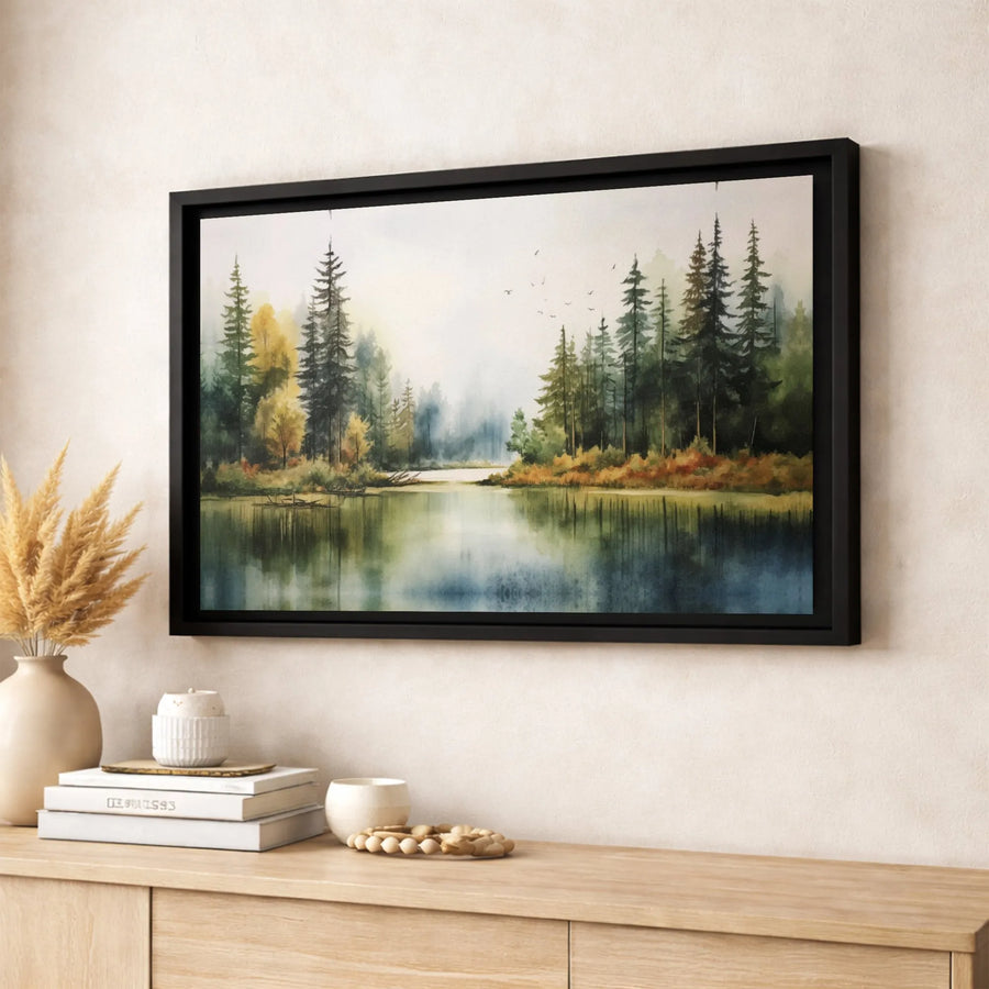 Misty Forest Lake Canvas Art | Watercolor Pine Tree Landscape Print | Gallery Quality 1.25 Inch Profile | Nature Lover Home Decor Gift