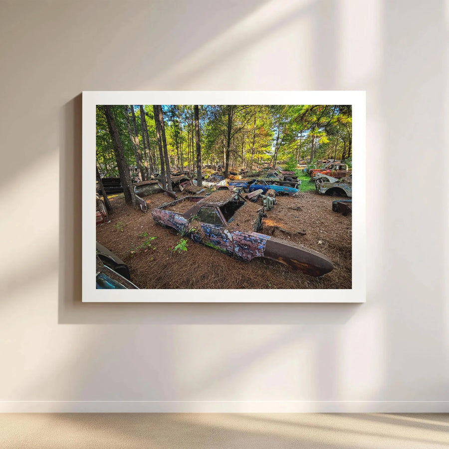 Abandoned Muscle Car Canvas | Vintage Car Graveyard Forest Wall Art | Premium Gallery Wrapped Print | Gift for Classic Car Enthusiasts