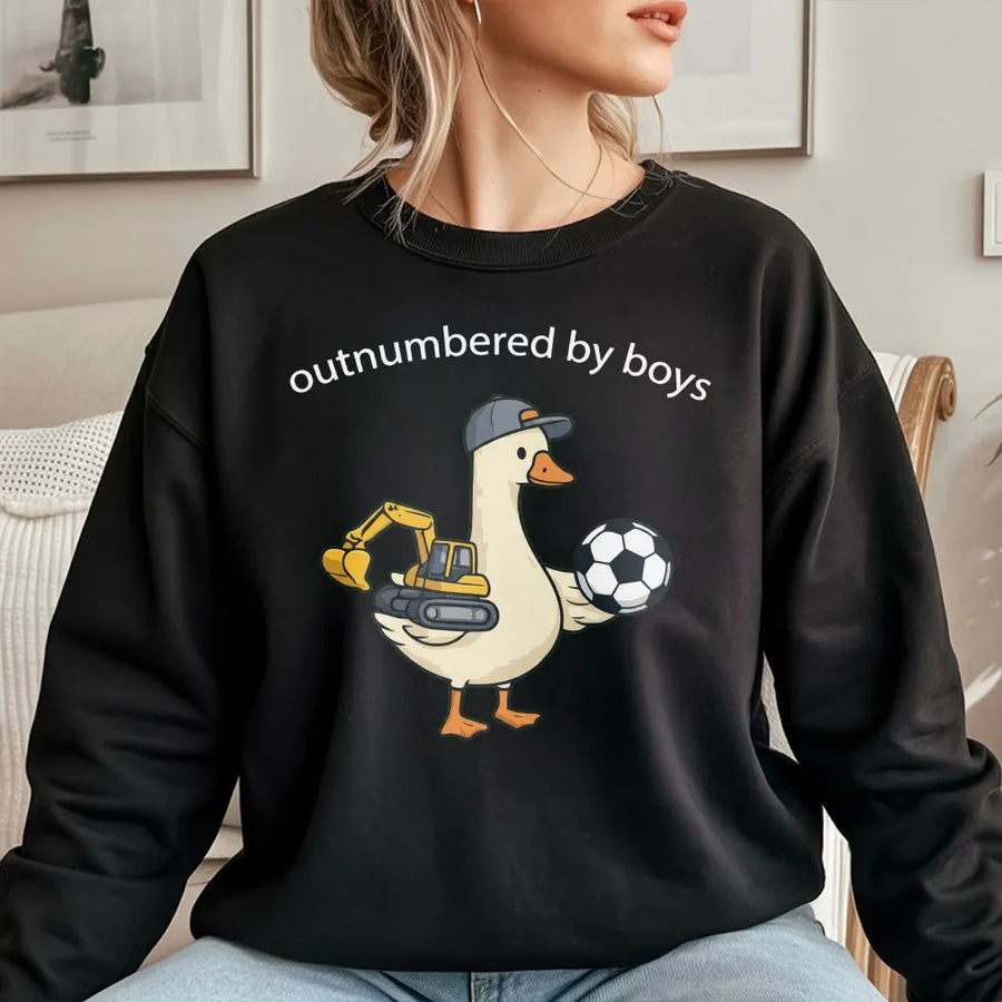 Funny Boy Mom Sweatshirt | Outnumbered By Boys Goose Graphic | Soft Cotton Unisex Tee | Mothers Day Gift for Soccer Moms