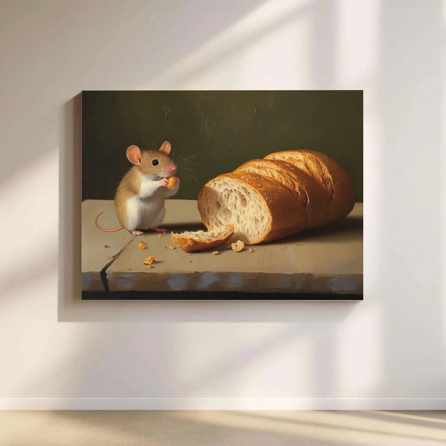 Mouse Eating Bread Canvas Art | Cute Animal Oil Painting Style | Premium Gallery Wrap Print | Whimsical Kitchen Wall Decor Gift