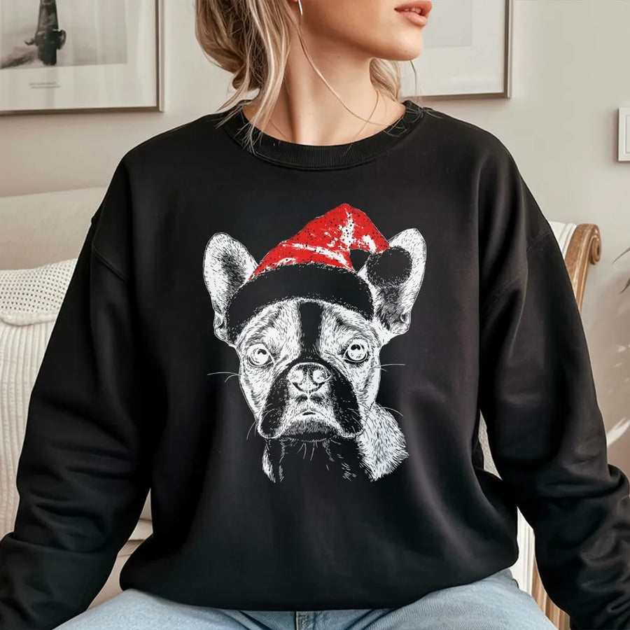 Boston Terrier Christmas Sweatshirt | Cute Santa Hat Dog Graphic | Premium Unisex Crewneck Pullover | Holiday Gift For Dog Lovers