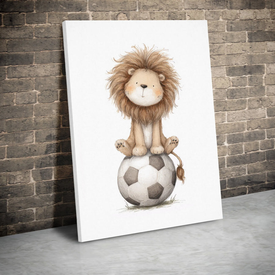 Cute Lion Soccer Canvas Wall Art | Adorable Baby Lion on Football Illustration | Premium Gallery Wrapped Print | Nursery Decor Gift for Boys Room