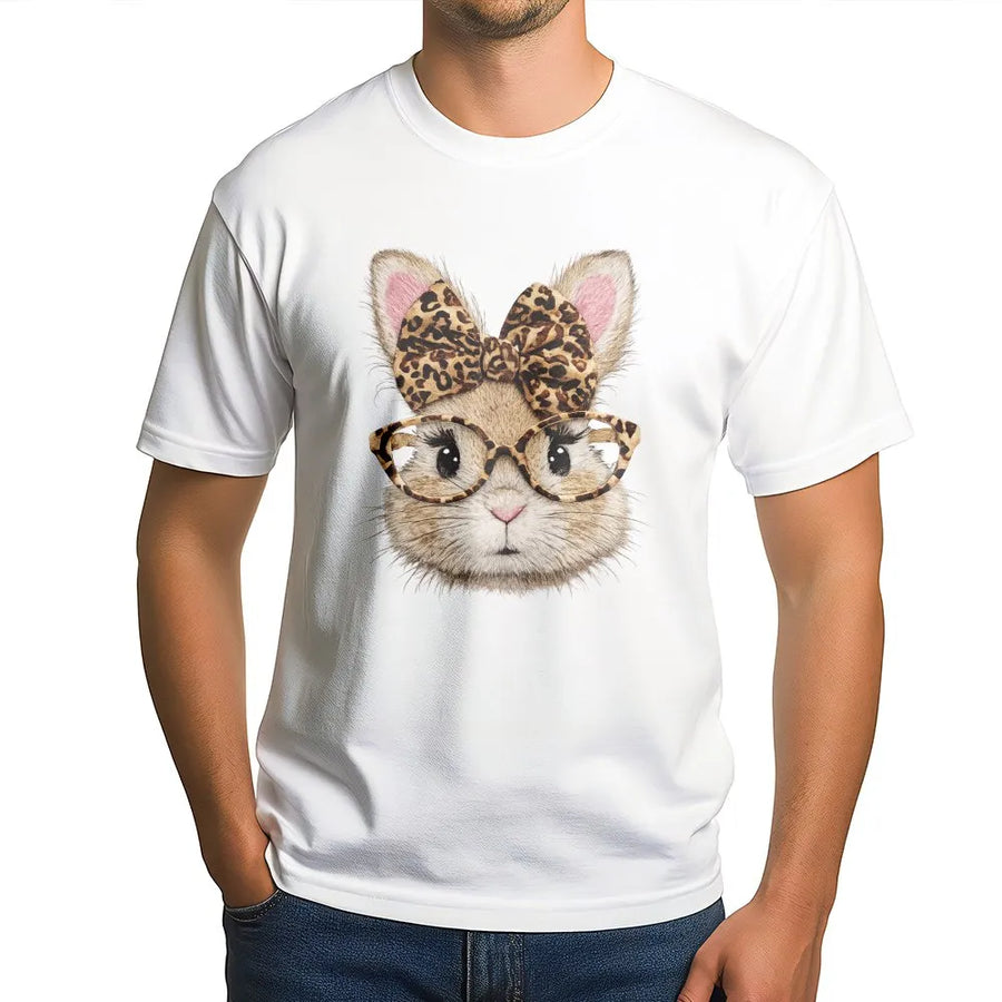 Cute Bunny Graphic T-Shirt | Leopard Print Bow and Glasses Design | Premium 100% Cotton | Easter Outfit Gift for Animal Lovers