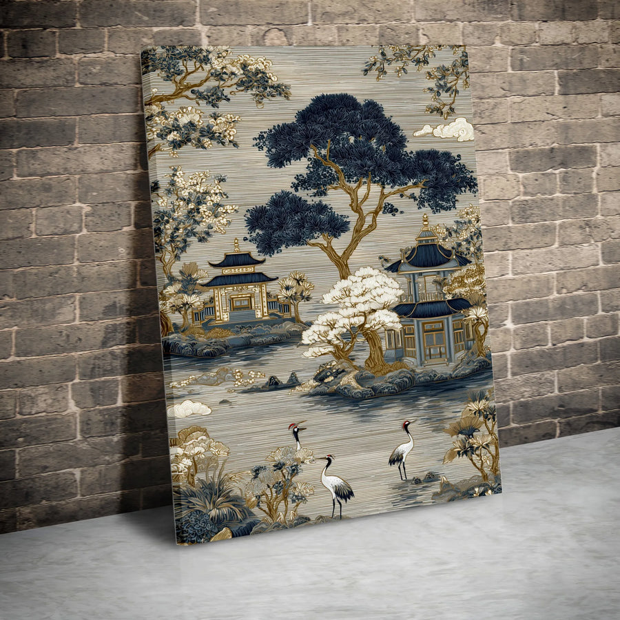 Vintage Japanese Cranes Canvas Wall Art | Chinoiserie Landscape with Pagoda | Thick Gallery Wrap Print | Zen Office & Home Decor Gift