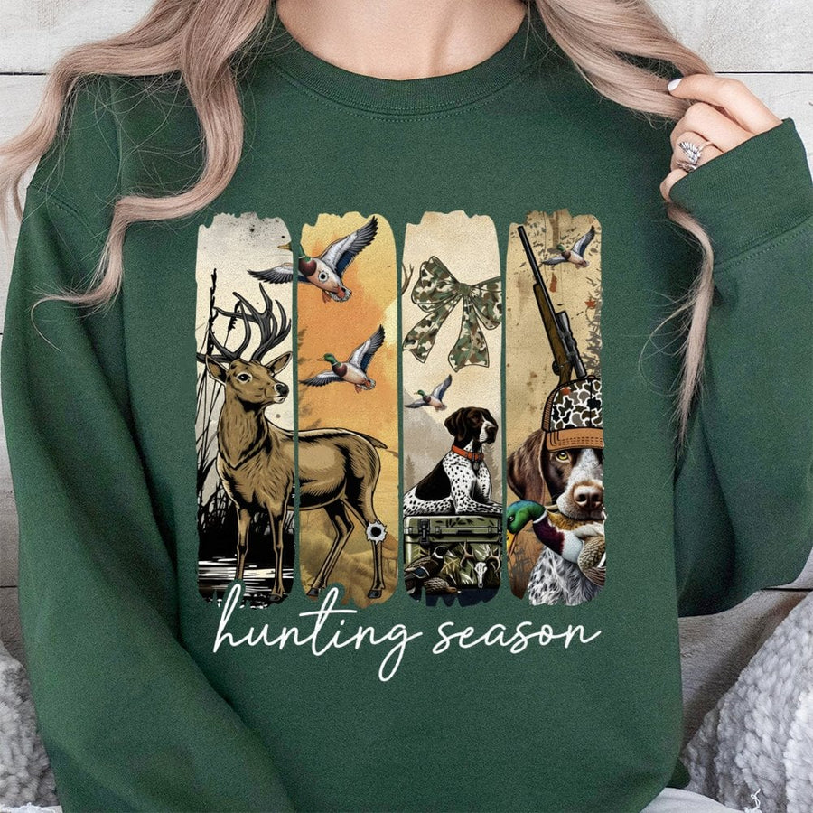 Hunting Season Sweatshirt | Deer Duck Hunter Graphic with Camo Coquette Bow | Premium Cotton Blend | Gift for Outdoorsmen and Women