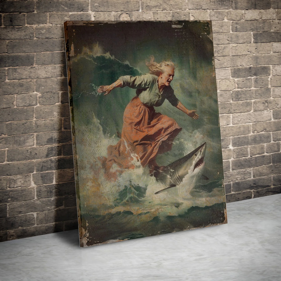 Surfing Grandmother Shark Canvas Print | Surreal Vintage Oil Painting Wall Art | Premium 1.25-Inch Gallery Wrap | Funny Granny Gift for Home Decor
