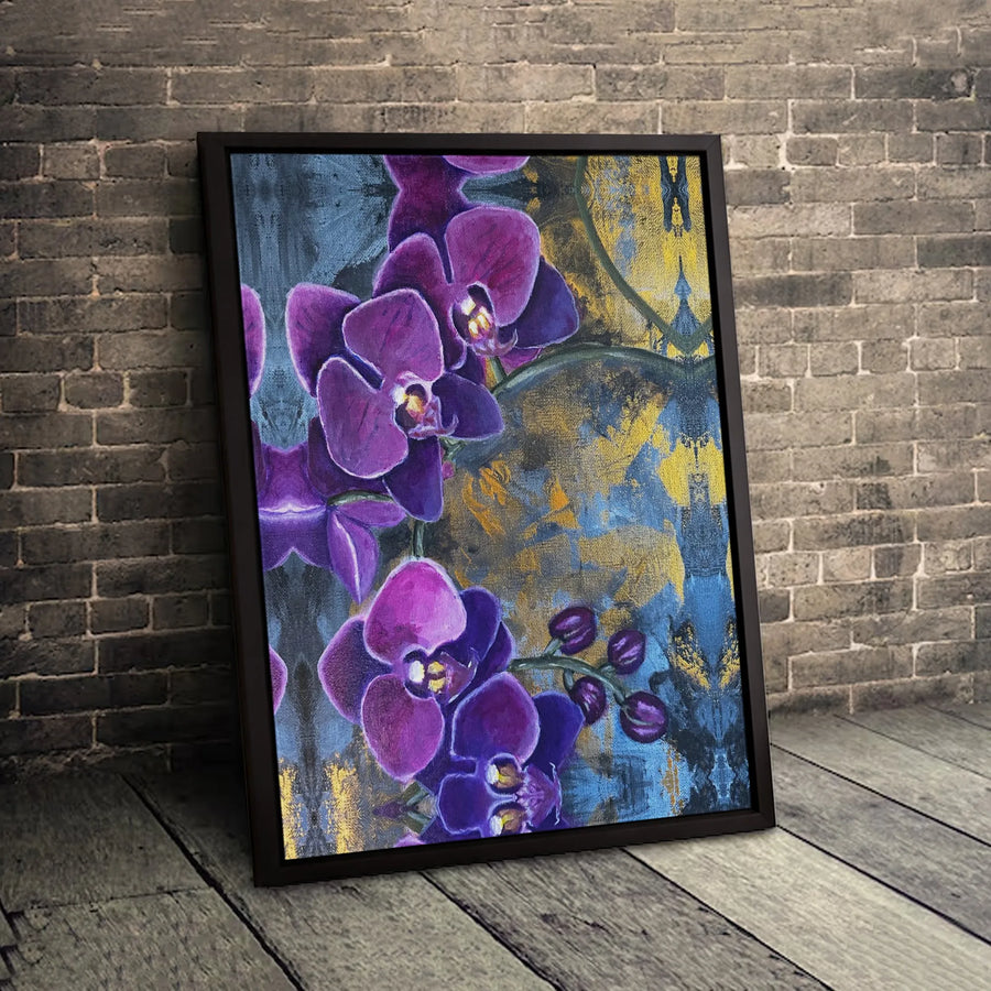 Purple Orchid Canvas Wall Art | Abstract Blue and Gold Floral Print | Premium Gallery Wrapped Decor | Modern Botanical Home Gift
