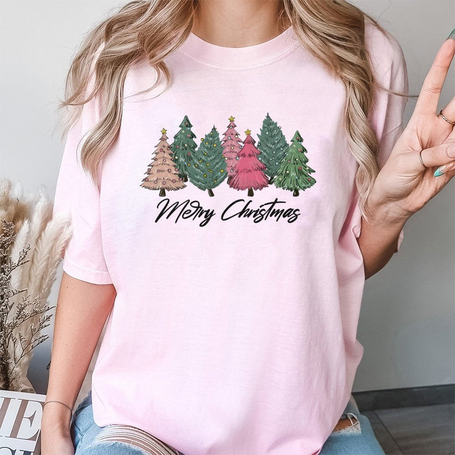 Merry Christmas T-Shirt | Pink and Green Hand-Drawn Tree Design | Premium Soft Cotton | Festive Holiday Gift for Women and Family