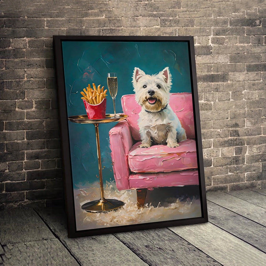 Westie Dog Wall Art | Impressionist West Highland Terrier With Champagne and Fries | Premium Gallery-Wrapped Canvas | Quirky Animal Home Decor Gift
