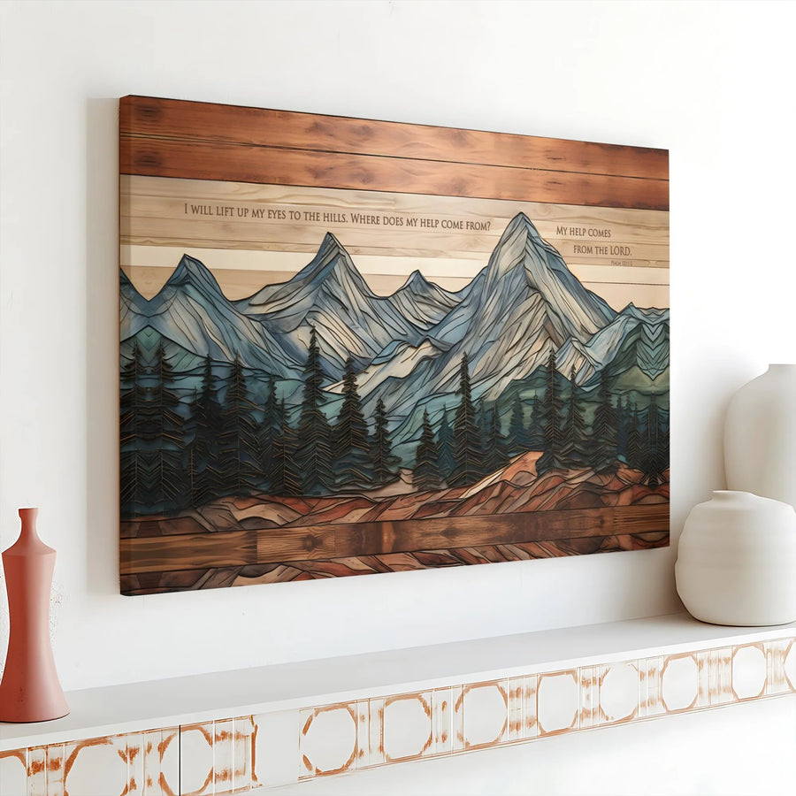 Psalm 121:1-2 Mountain Canvas Wall Art | Layered Wood Effect Landscape | Gallery-Wrapped Premium Print | Inspirational Religious Home Decor Gift
