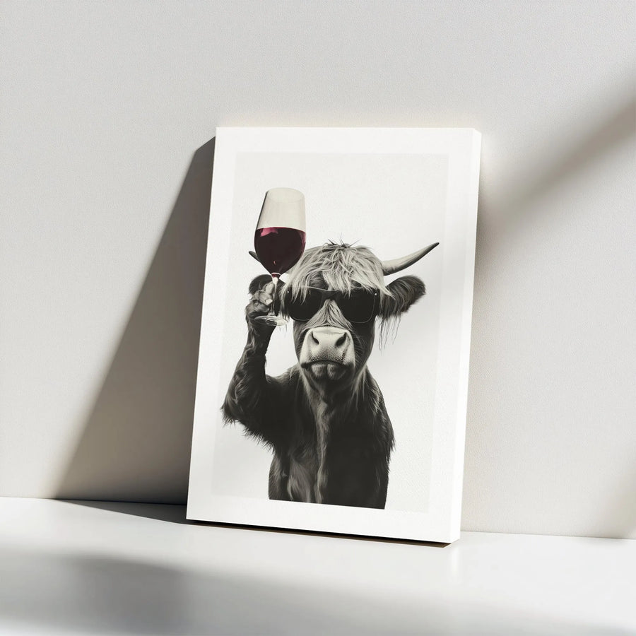 Highland Cow Canvas Wall Art | Funny Sunglasses Red Wine Print | Gallery Wrapped Premium Decor | Gift for Wine Lovers & Farmhouse Kitchen