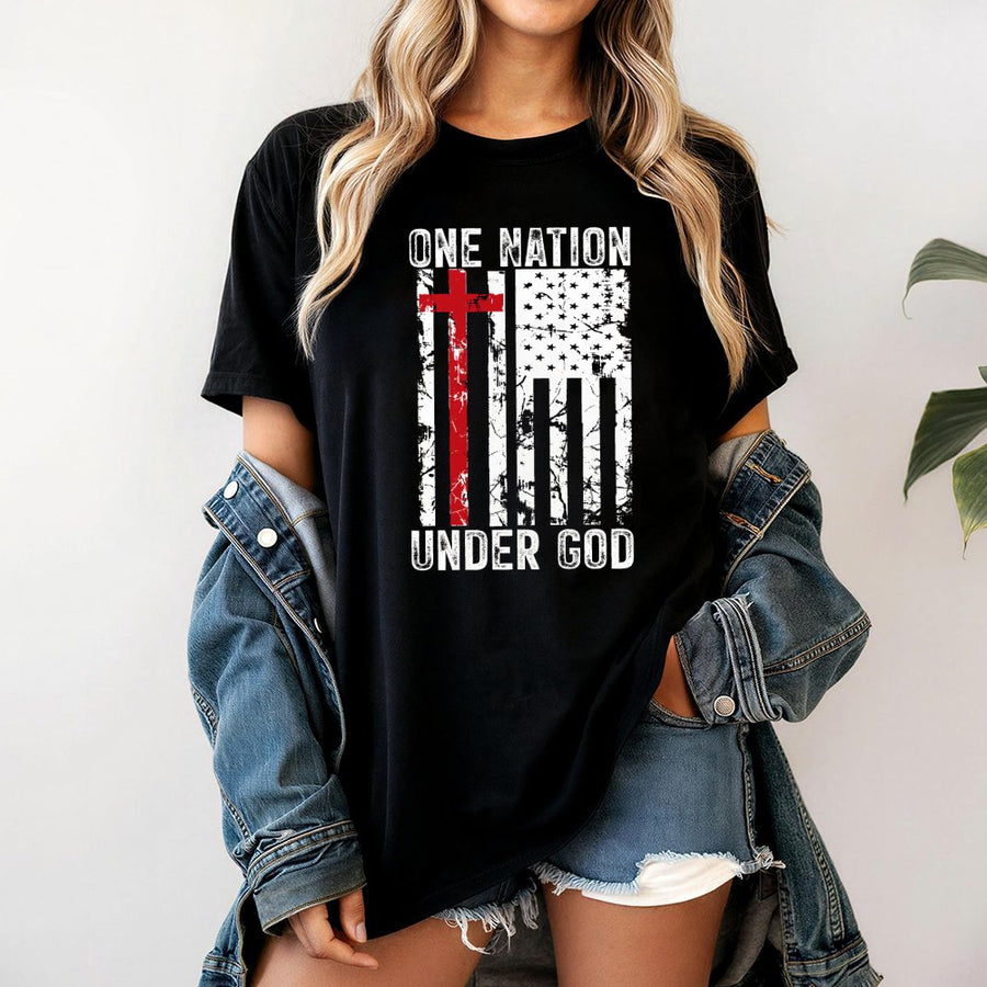 One Nation Under God T-Shirt | Distressed American Flag Cross Graphic | Premium 100% Cotton Tee | Patriotic Christian Gift for Men and Women