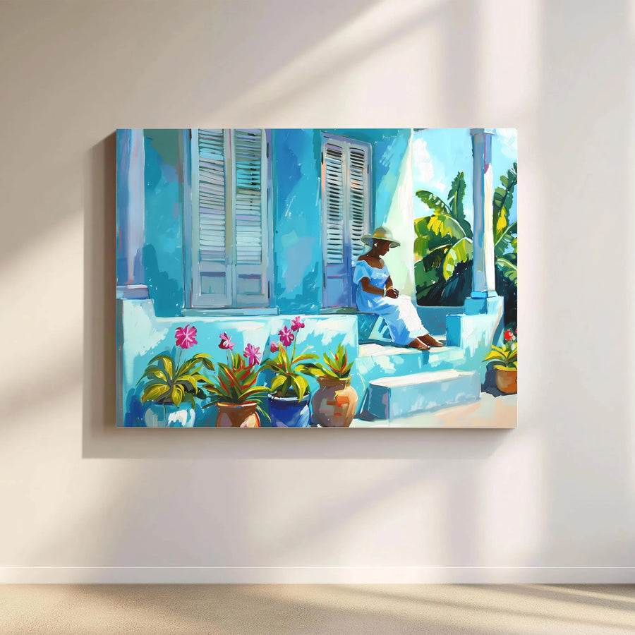 Caribbean Woman Canvas Print | Tropical Porch Scene Painting | Premium Fade-Resistant Art | Living Room Decor Gift