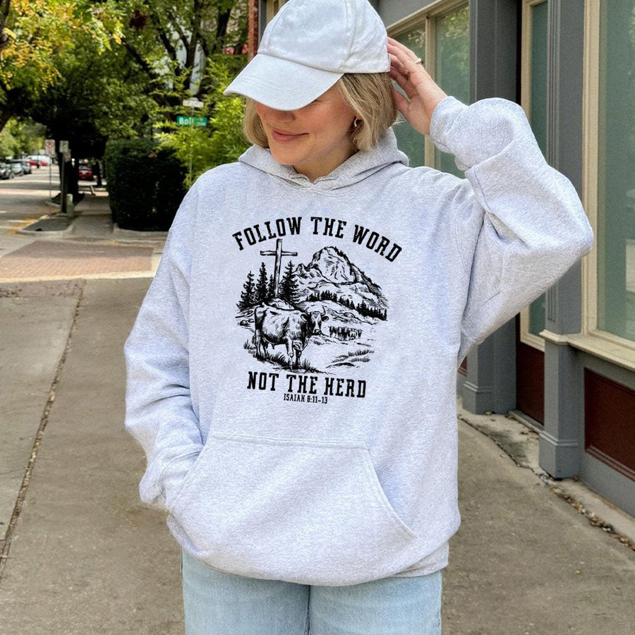Follow The Word Not The Herd Hoodie | Christian Scripture Cross Graphic | Soft Cotton-Poly Blend | Religious Faith Gift For Men And Women