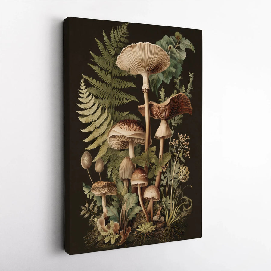 Vintage Botanical Mushroom Wall Art | Moody Forest Ferns Illustration | Premium Gallery Wrapped Canvas | Nature Lover Home Decor Gift