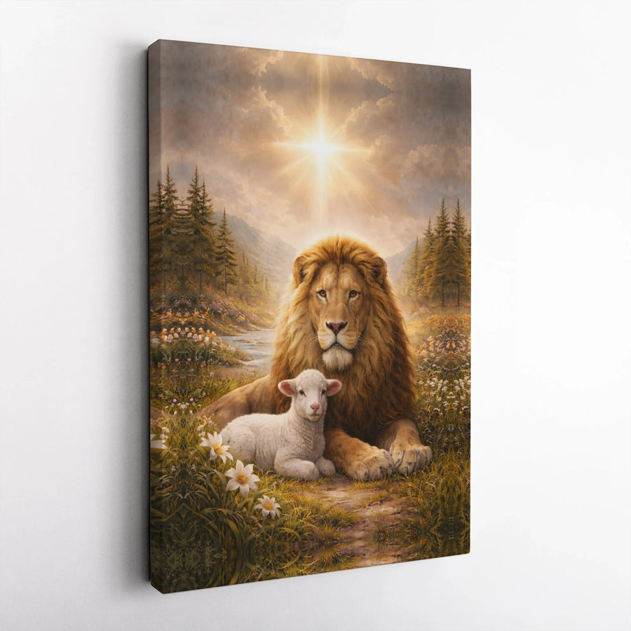 Lion and Lamb Canvas Wall Art | Christian Artwork with Lion of Judah | Premium Gallery Wrap Canvas | Inspirational Religious Home Decor Gift