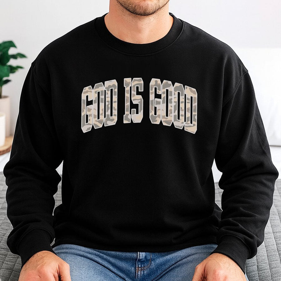 God Is Good Sweatshirt | Camo Varsity Letter Graphic | Premium Cotton Blend | Christian Faith Gift for Men and Women