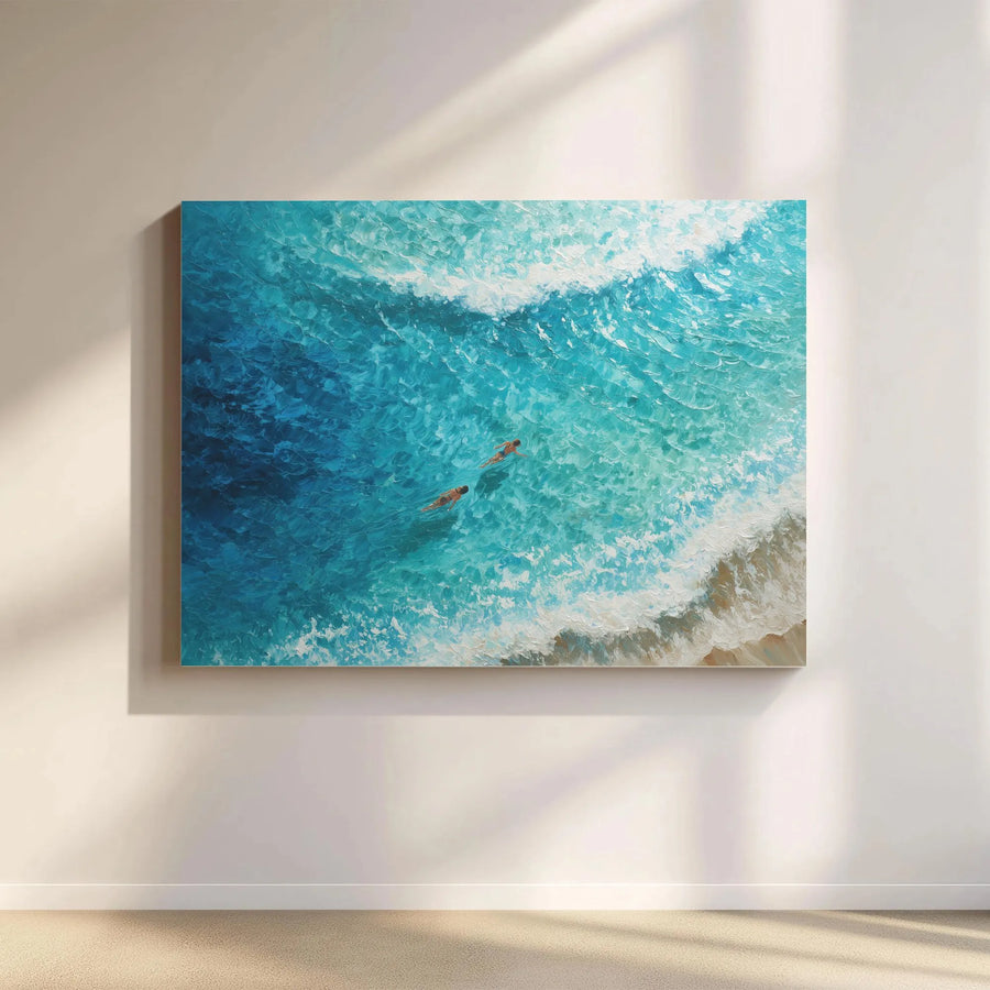 Turquoise Ocean Swimmers Canvas Art | Textured Impasto Beach Waves Print | Premium Gallery Wrap Wall Decor | Coastal Home Office Gift