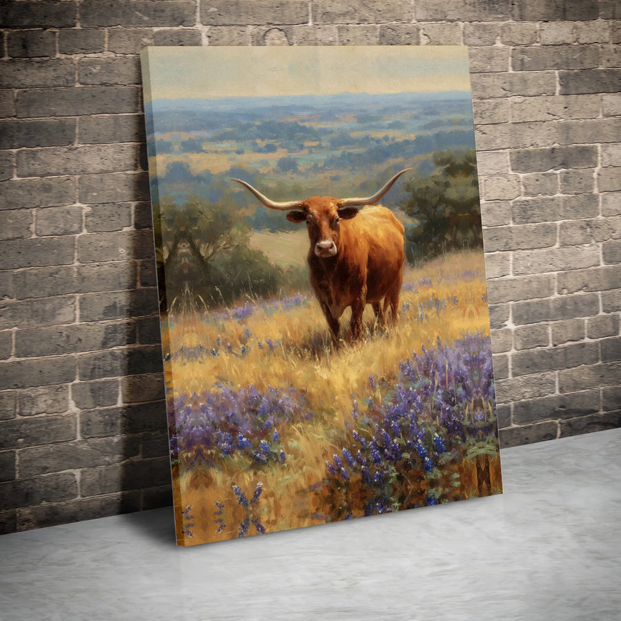 Texas Longhorn Canvas Wall Art | Vintage Bluebonnet Field Oil Painting | Premium Thick Gallery Wrap | Southwestern Farmhouse Decor Gift
