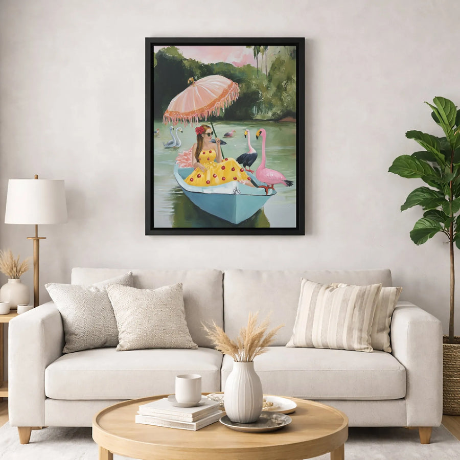Whimsical Flamingo Boat Canvas Art | Cherry Print Dress Woman Painting | Gallery-Grade Fade-Resistant Print | Vibrant Tropical Wall Decor
