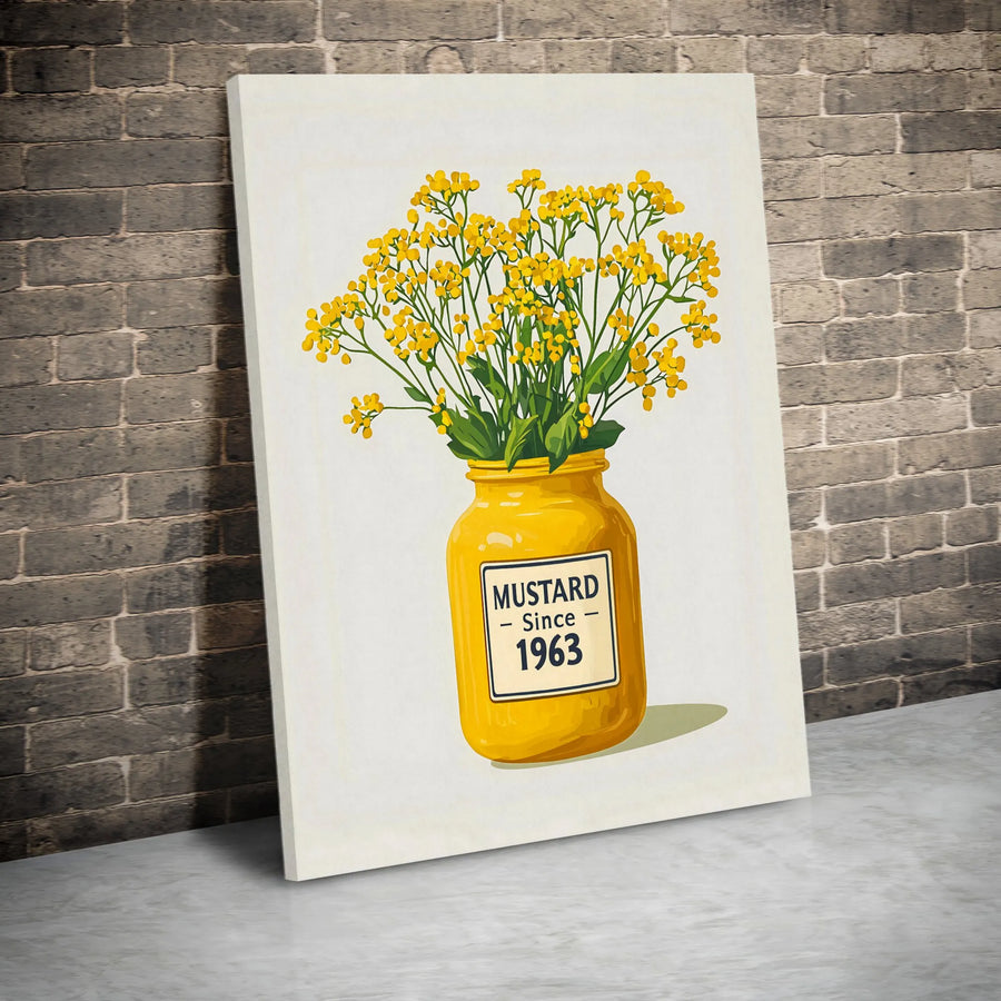 Mustard Jar Flower Canvas Print | Vintage Botanical Kitchen Art | Premium Thick Canvas | Unique Foodie & Home Cook Gift