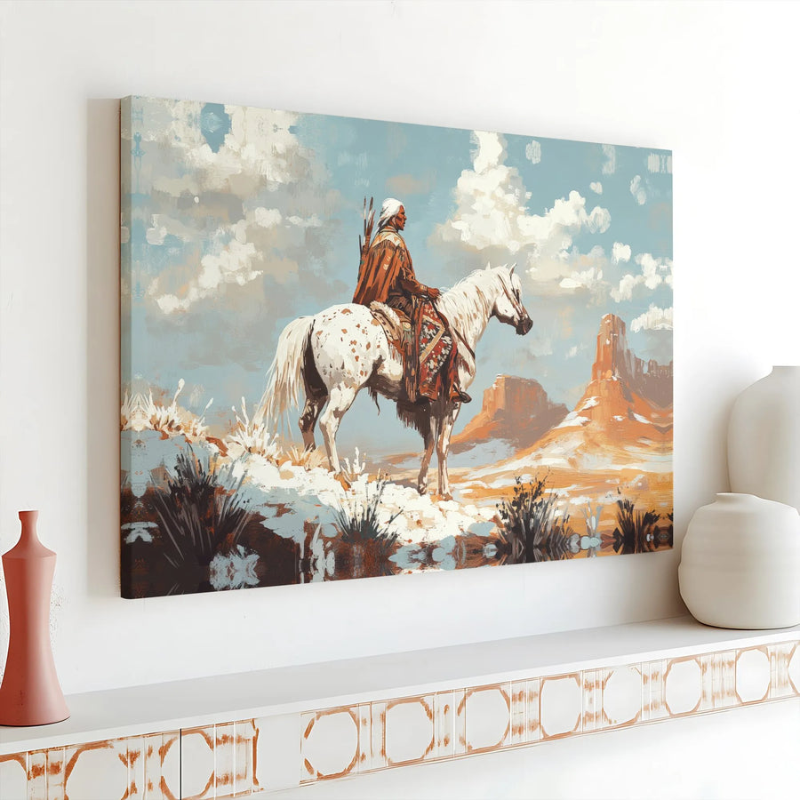 Native American Canvas Wall Art | Warrior on Horseback Southwestern Art | Premium Matte Canvas Print | Western Home Decor Gift